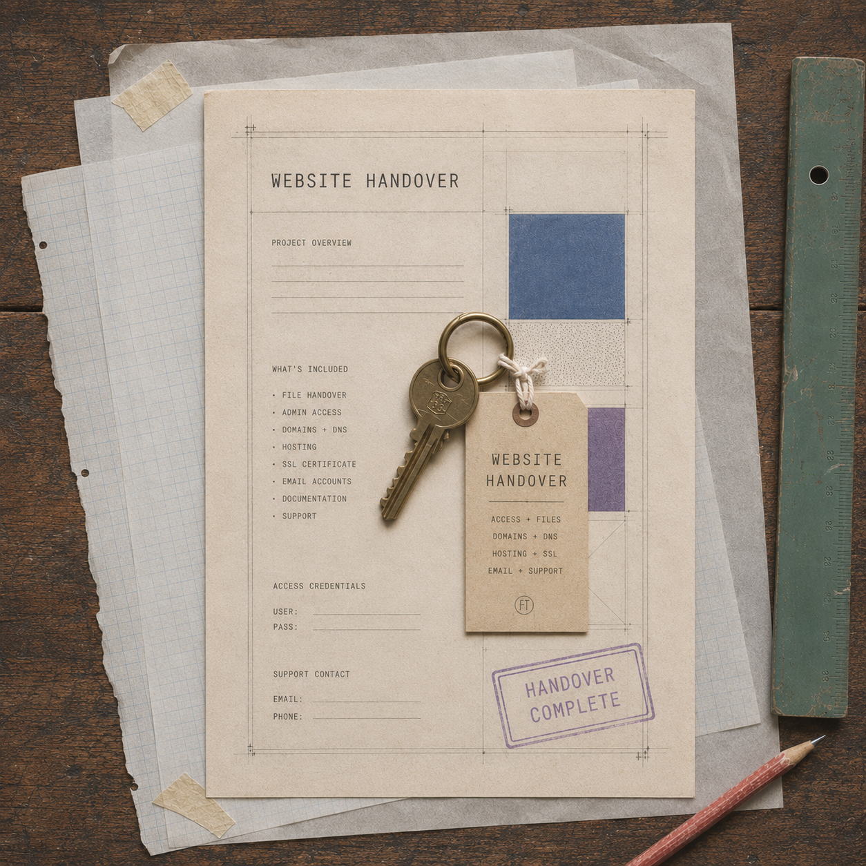 Website handover documents with keys, access details and a green ruler