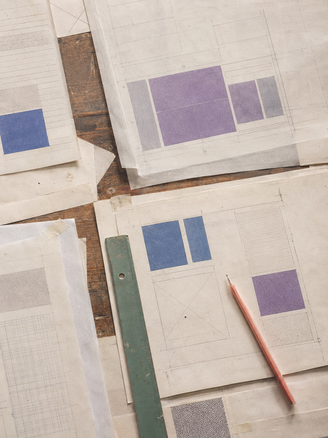 Color website wireframes arranged across a timber drafting table